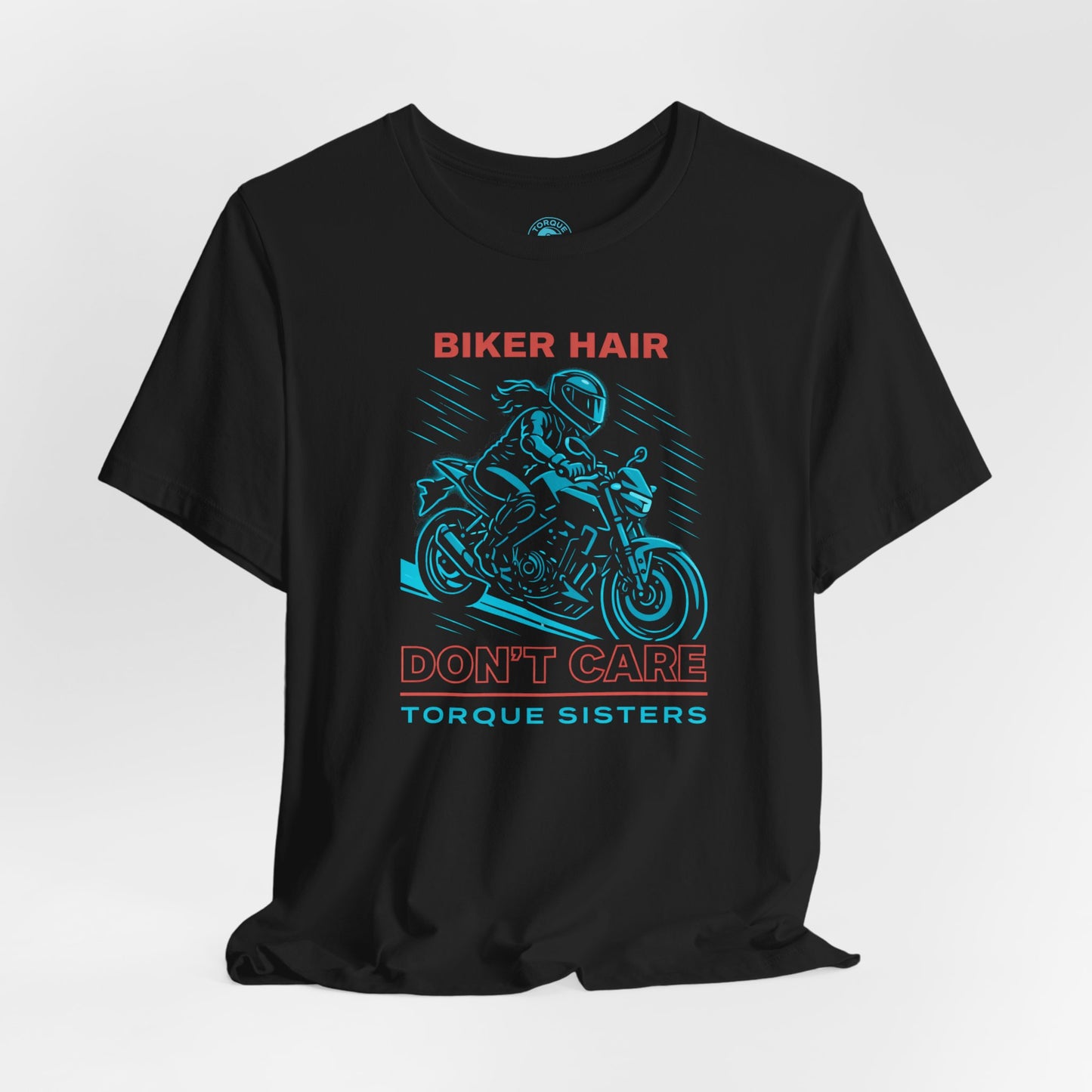 BIKER HAIR DON’T CARE Graphic Women’s Motorcycle T-Shirt | Black & Teal
