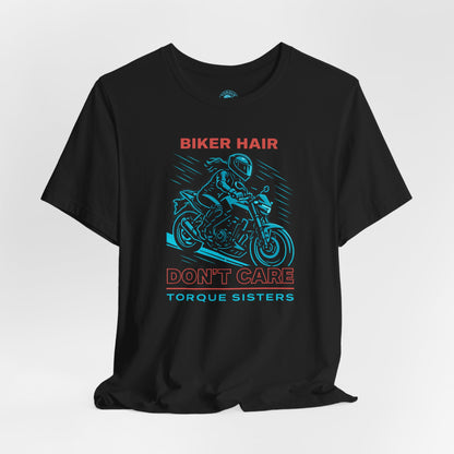 BIKER HAIR DON’T CARE Graphic Women’s Motorcycle T-Shirt | Black & Teal
