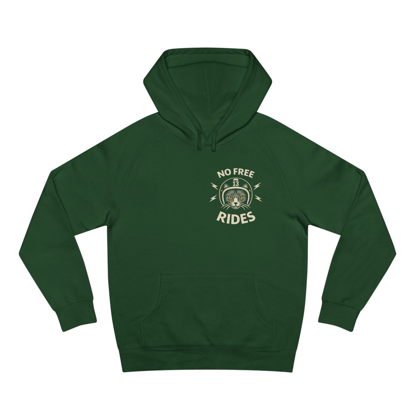 Green hoodie with 'No Free Rides' graphic on a white background