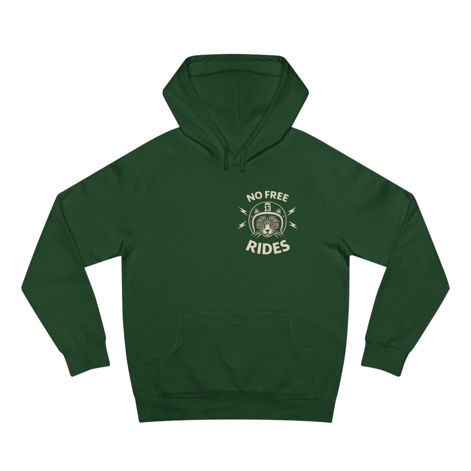 Green hoodie with 'No Free Rides' graphic on a white background