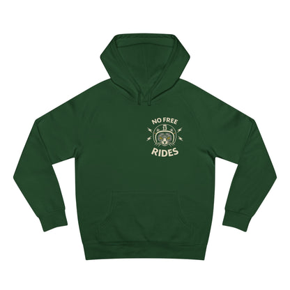 Green hoodie with 'No Free Rides' graphic on a white background