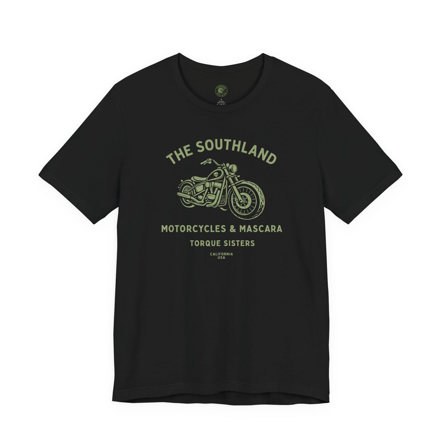 Black t-shirt with green graphic and text on a white background
