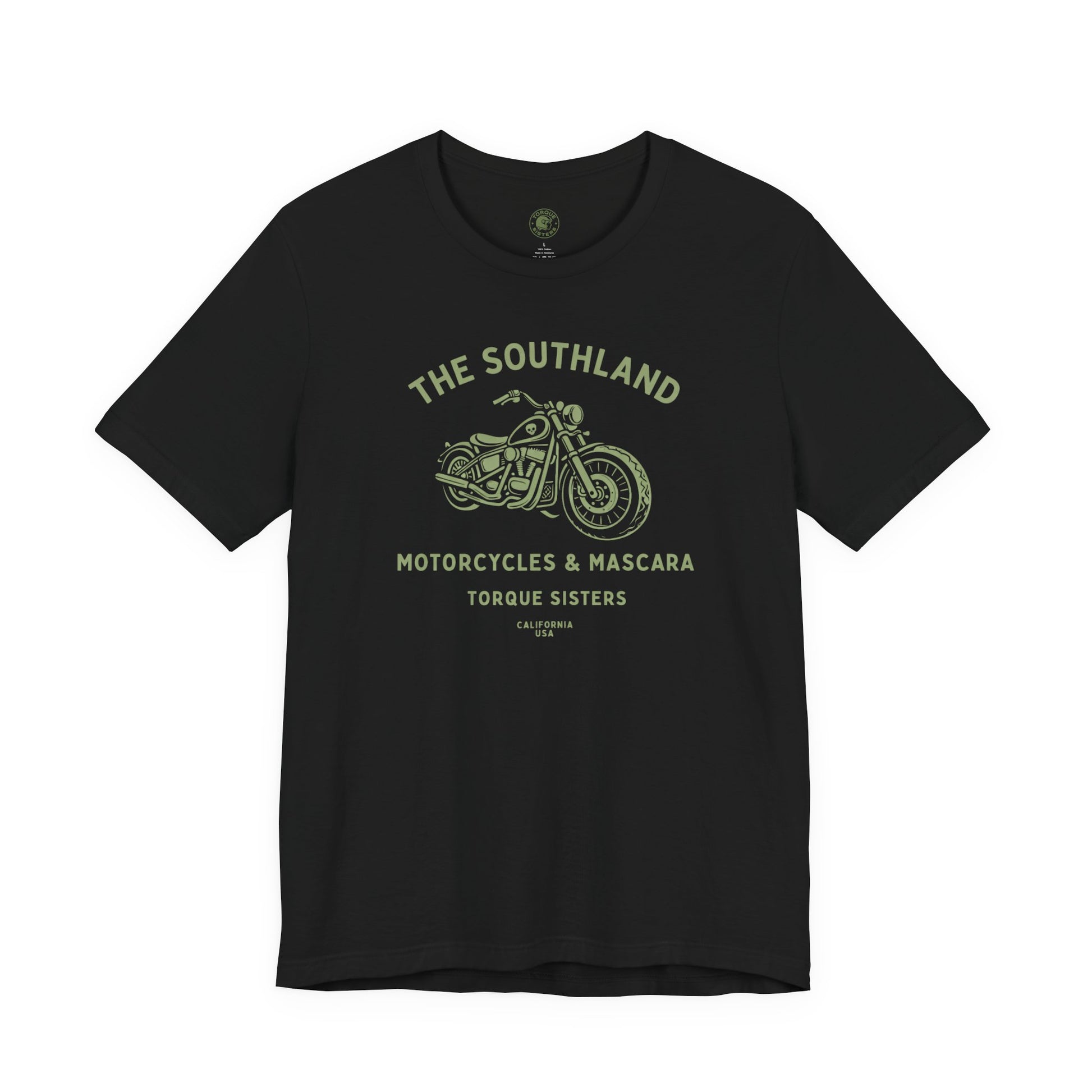 Black t-shirt with green graphic and text on a white background
