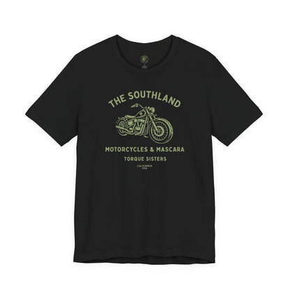 Black t-shirt with green graphic and text on a white background