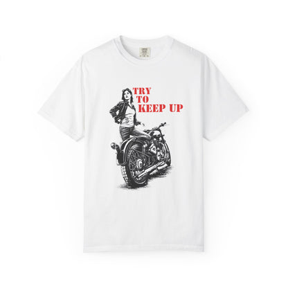 TRY TO KEEP UP Women’s Motorcycle T-Shirt | White & Red