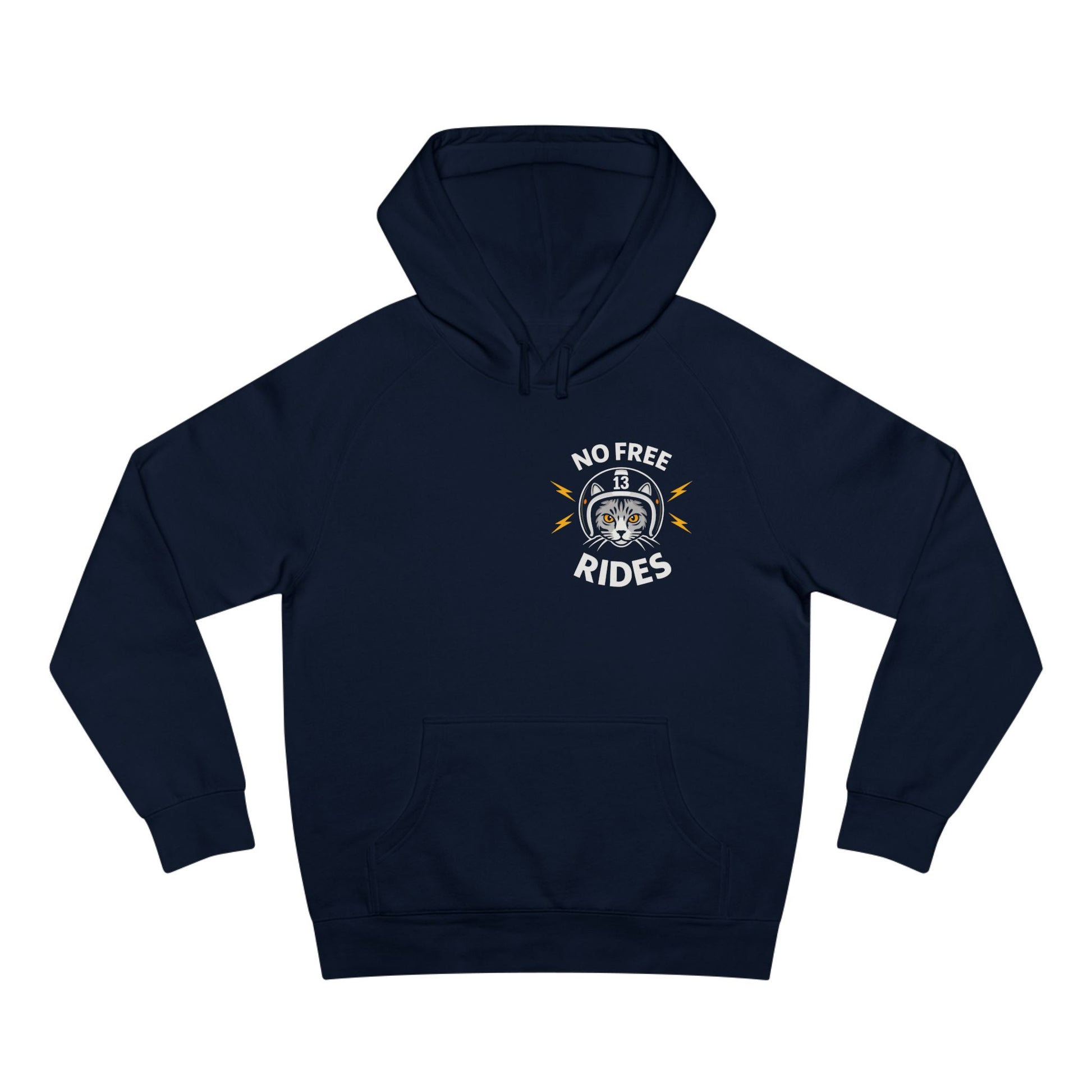 Navy blue hoodie with 'No Free Rides' graphic on a white background