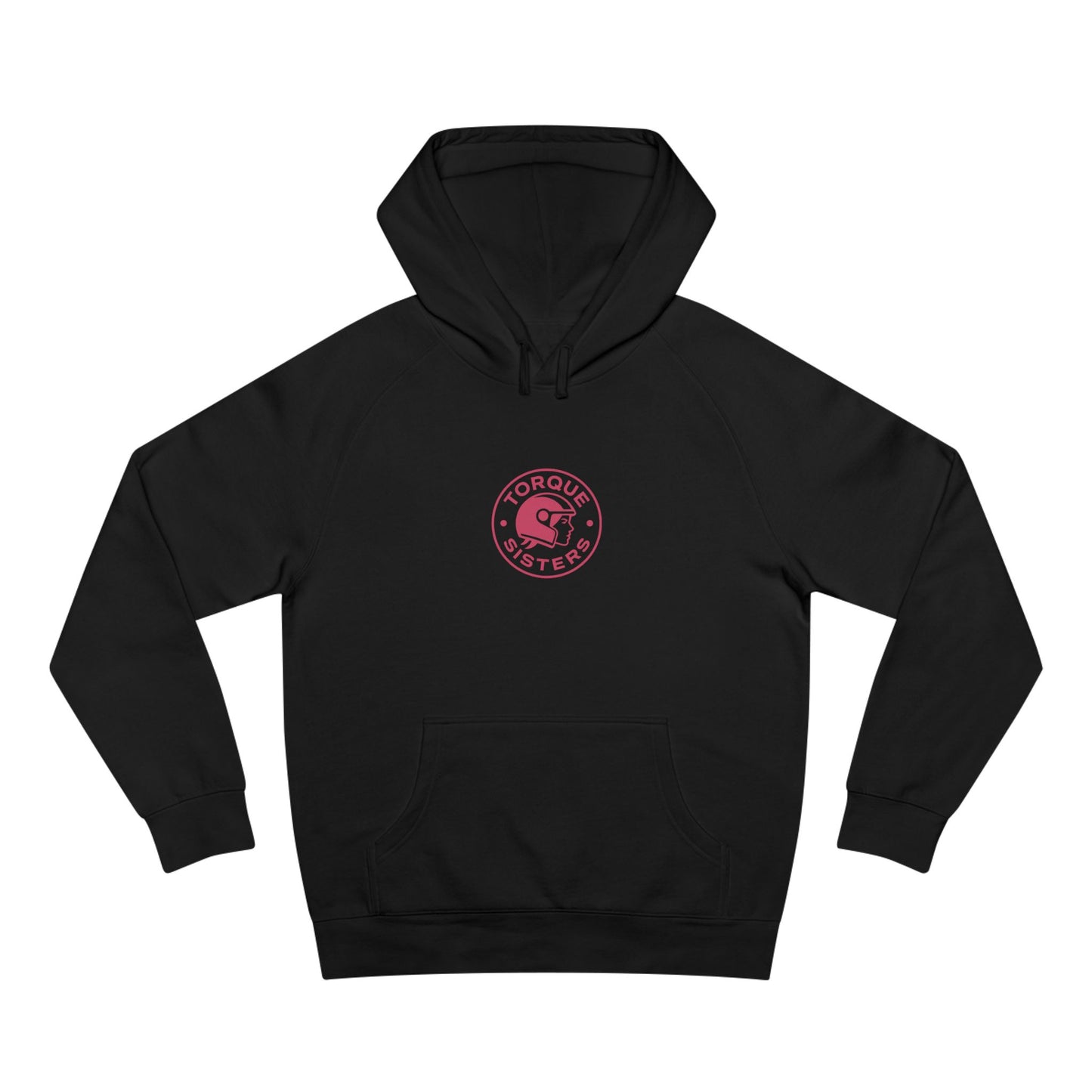 Black hoodie with a red logo on a white background