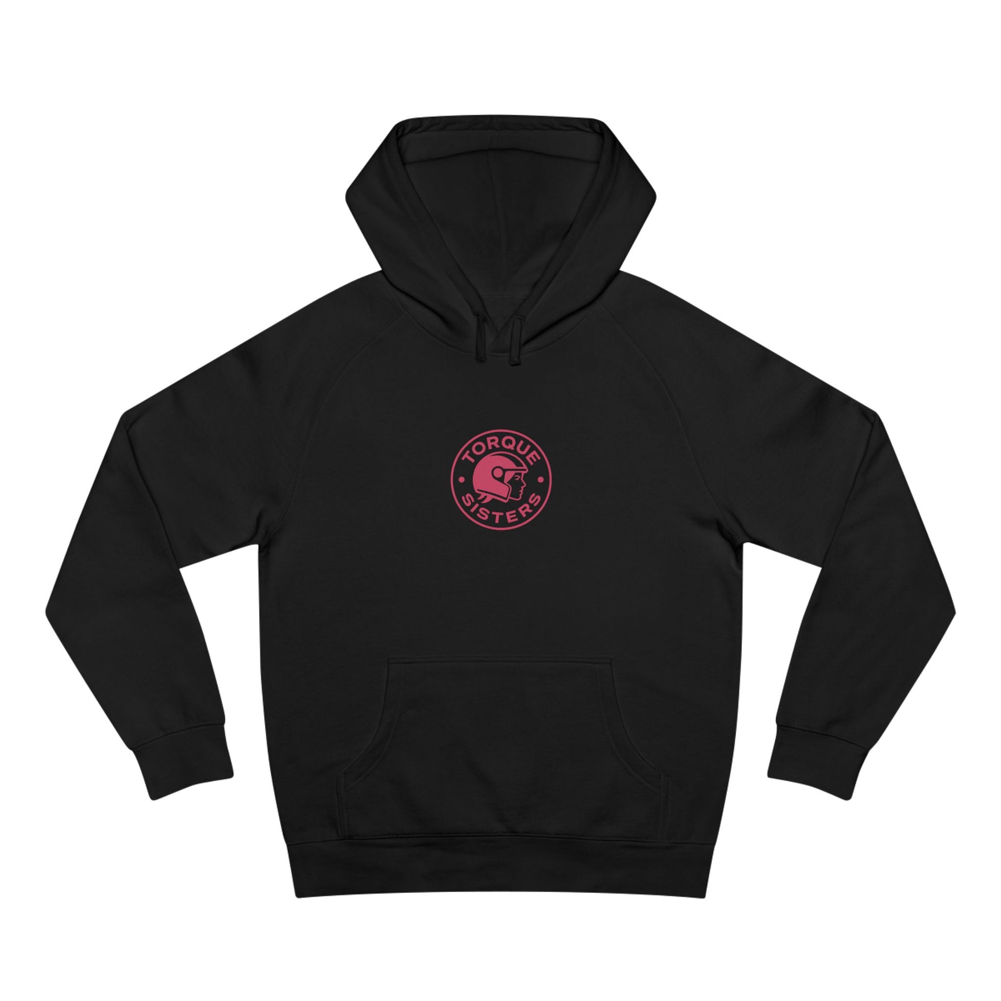 Black hoodie with a red logo on a white background