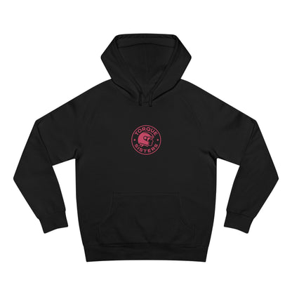 Black hoodie with a red logo on a white background