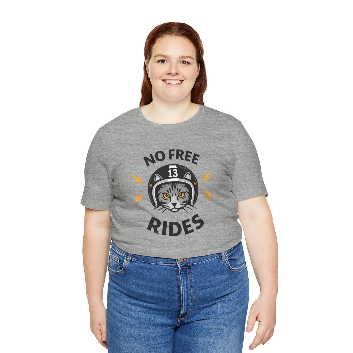 NO FREE RIDES Cat Helmet Graphic Women’s Motorcycle T-Shirt | Heather Gray