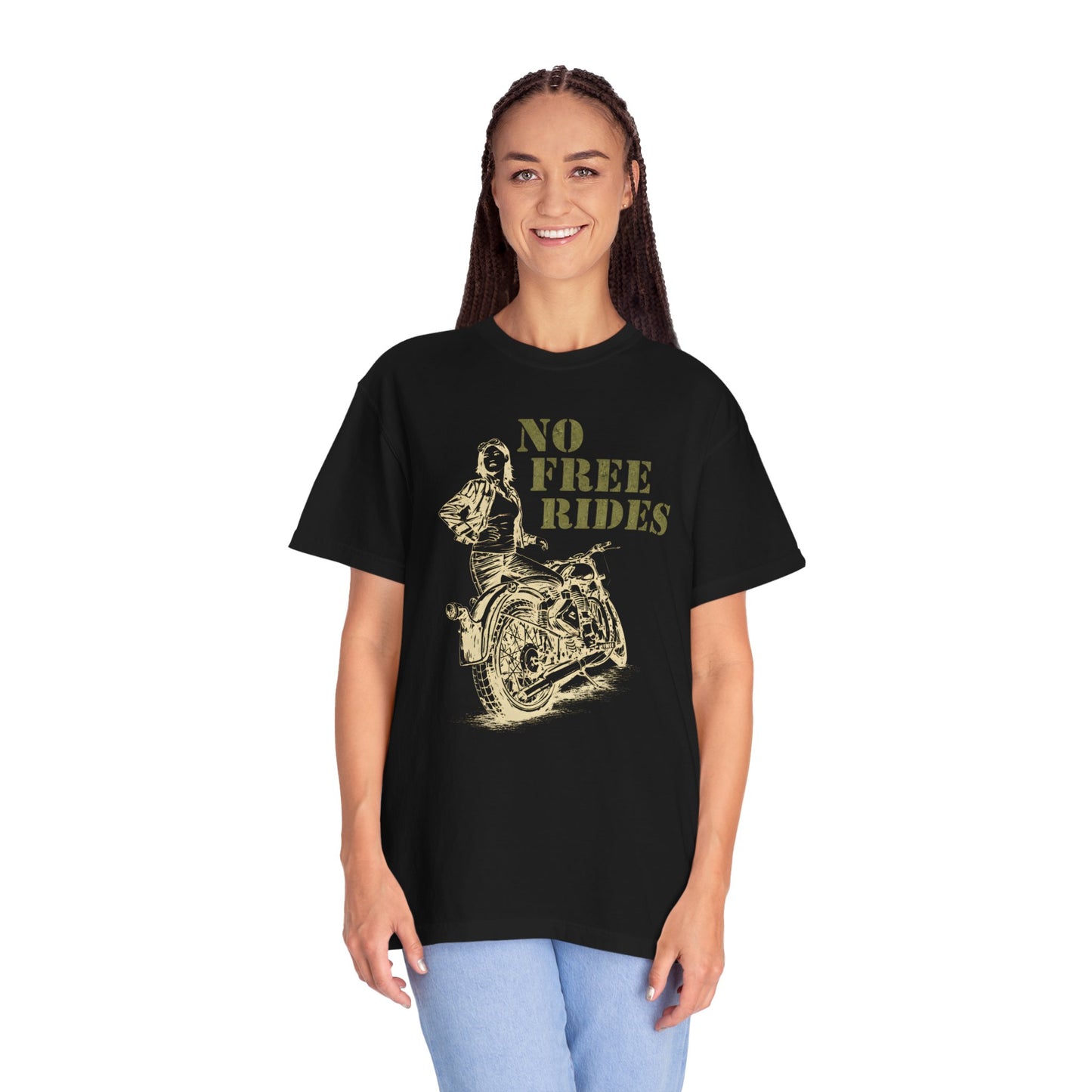 NO FREE RIDES Women’s Motorcycle T-Shirt | Black & Olive