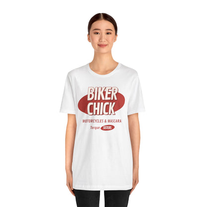 BIKER CHICK Motorcycles & Mascara Women’s Motorcycle T-Shirt | White