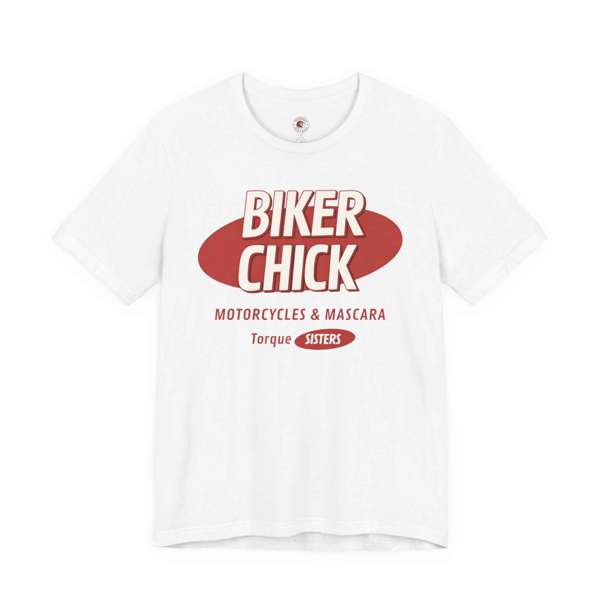 White t-shirt with 'Biker Chick' graphic and text on a white background
