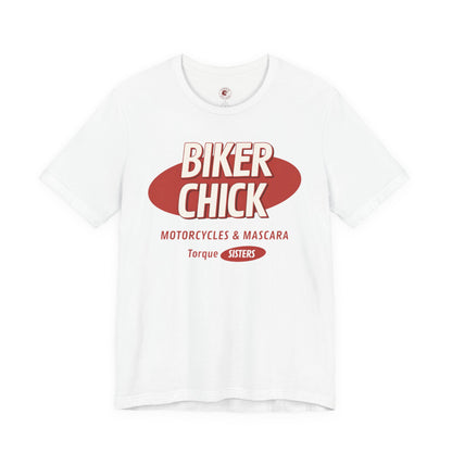 White t-shirt with 'Biker Chick' graphic and text on a white background