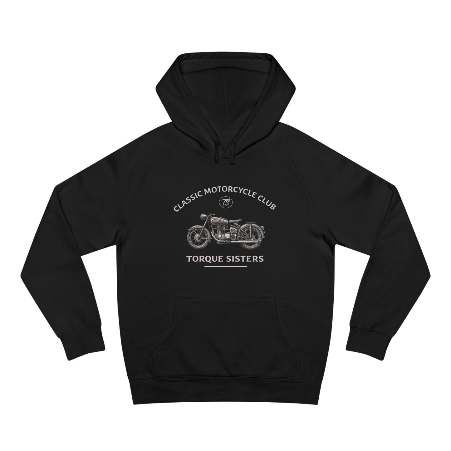 Black hoodie with motorcycle graphic and text on a white background