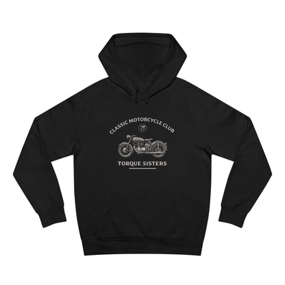 Black hoodie with motorcycle graphic and text on a white background