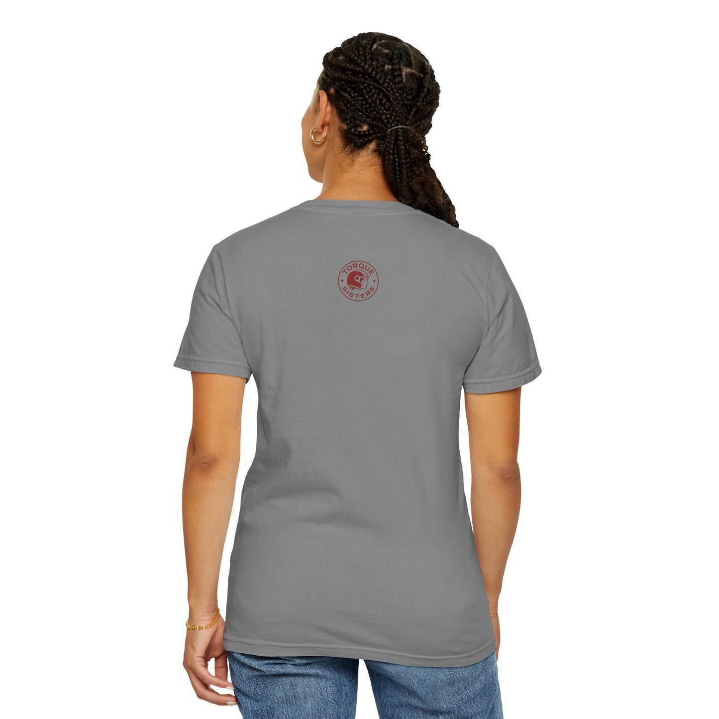 BIKER MOM Chest Badge Graphic Women’s Motorcycle T-Shirt | Gray & Red