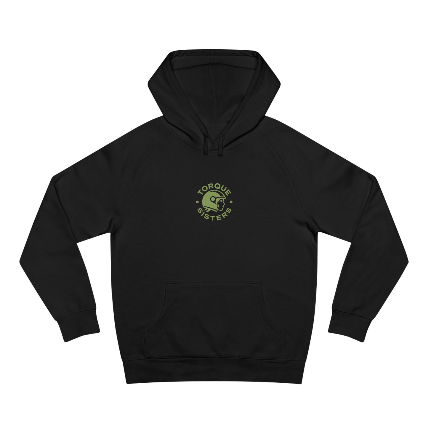 Black hoodie with 'Torque Sisters' logo in green