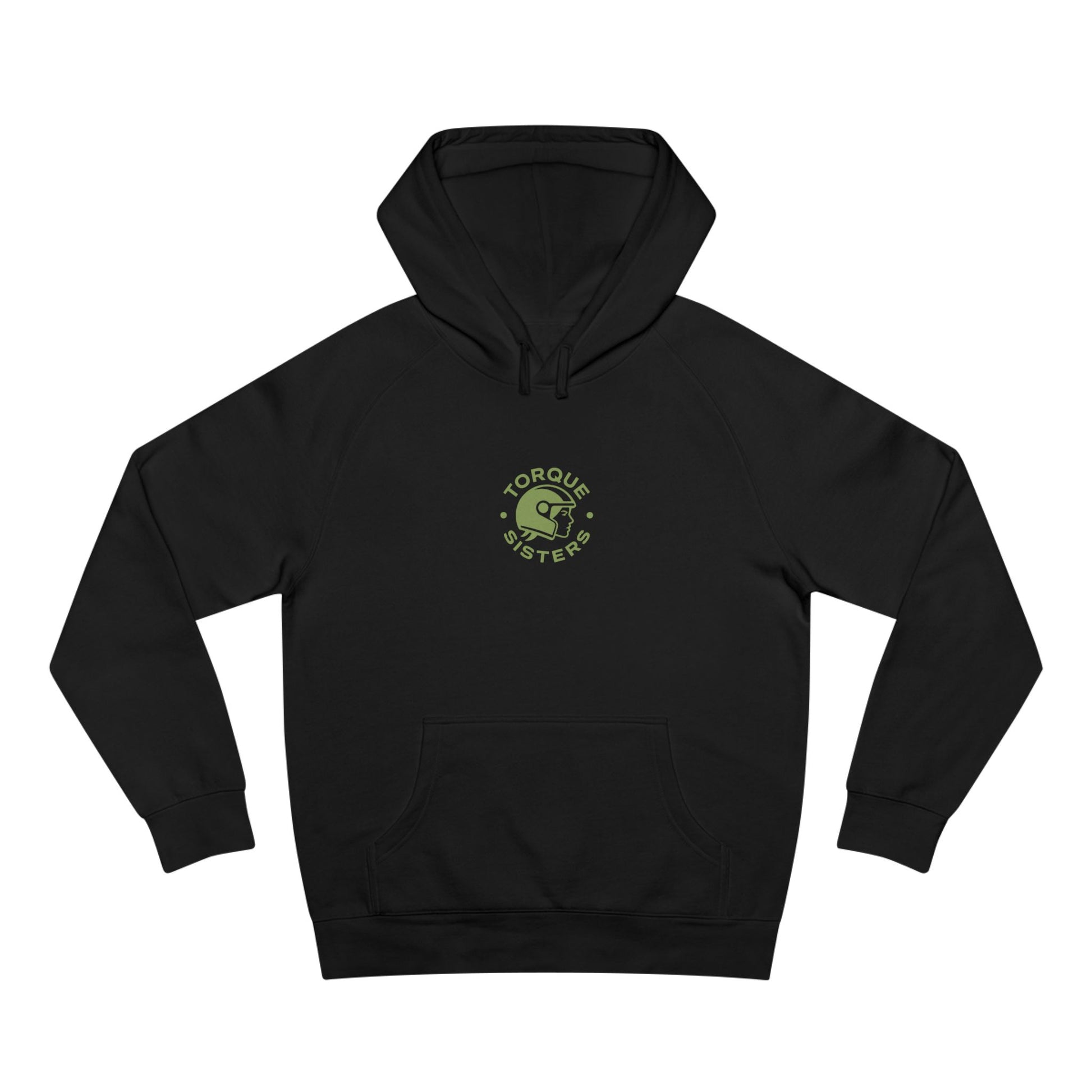 Black hoodie with 'Torque Sisters' logo in green