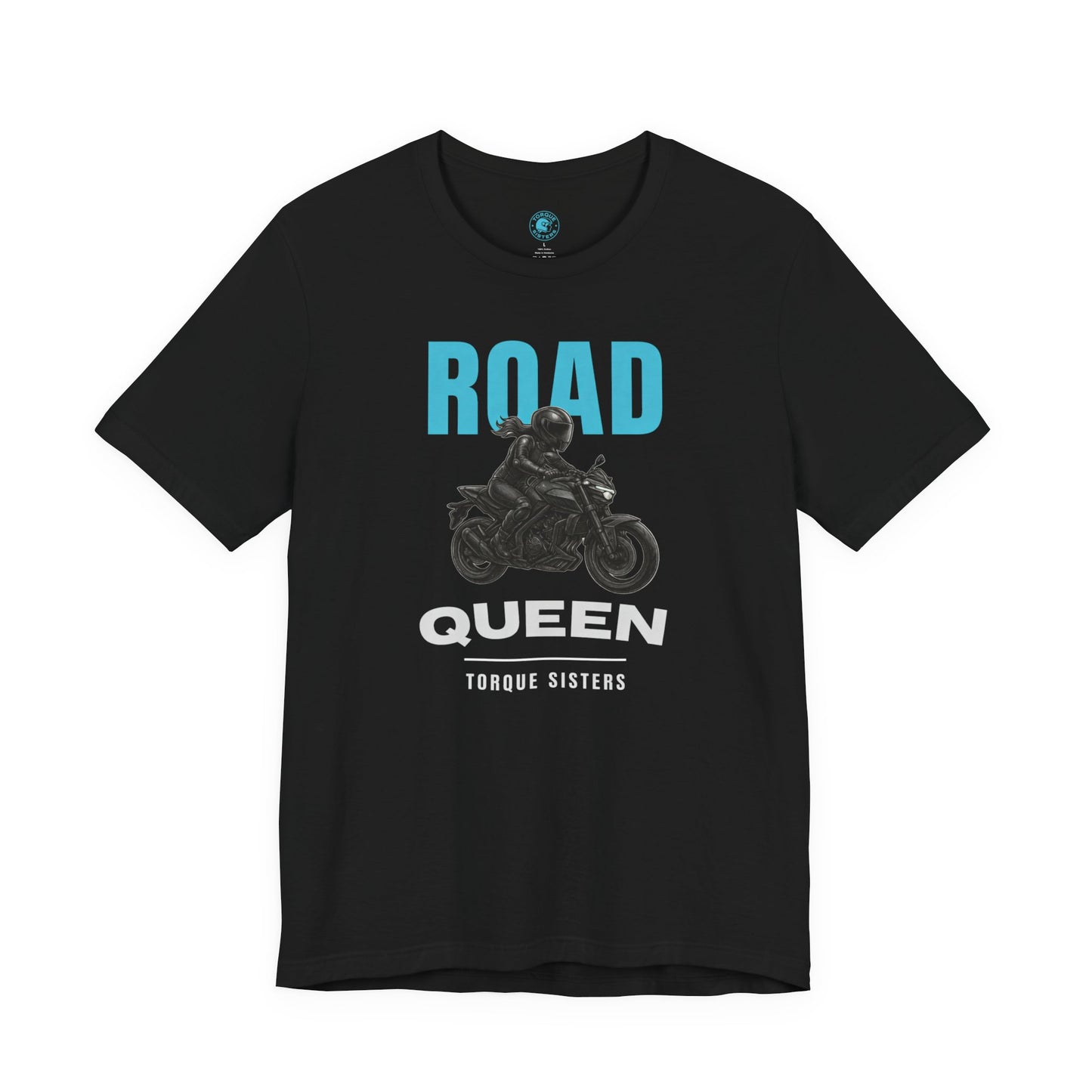 Black t-shirt with 'Road Queen' graphic and text on a white background