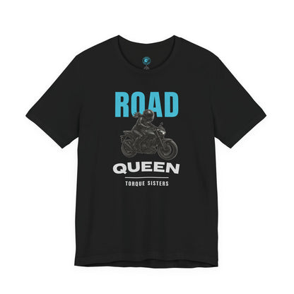 Black t-shirt with 'Road Queen' graphic and text on a white background