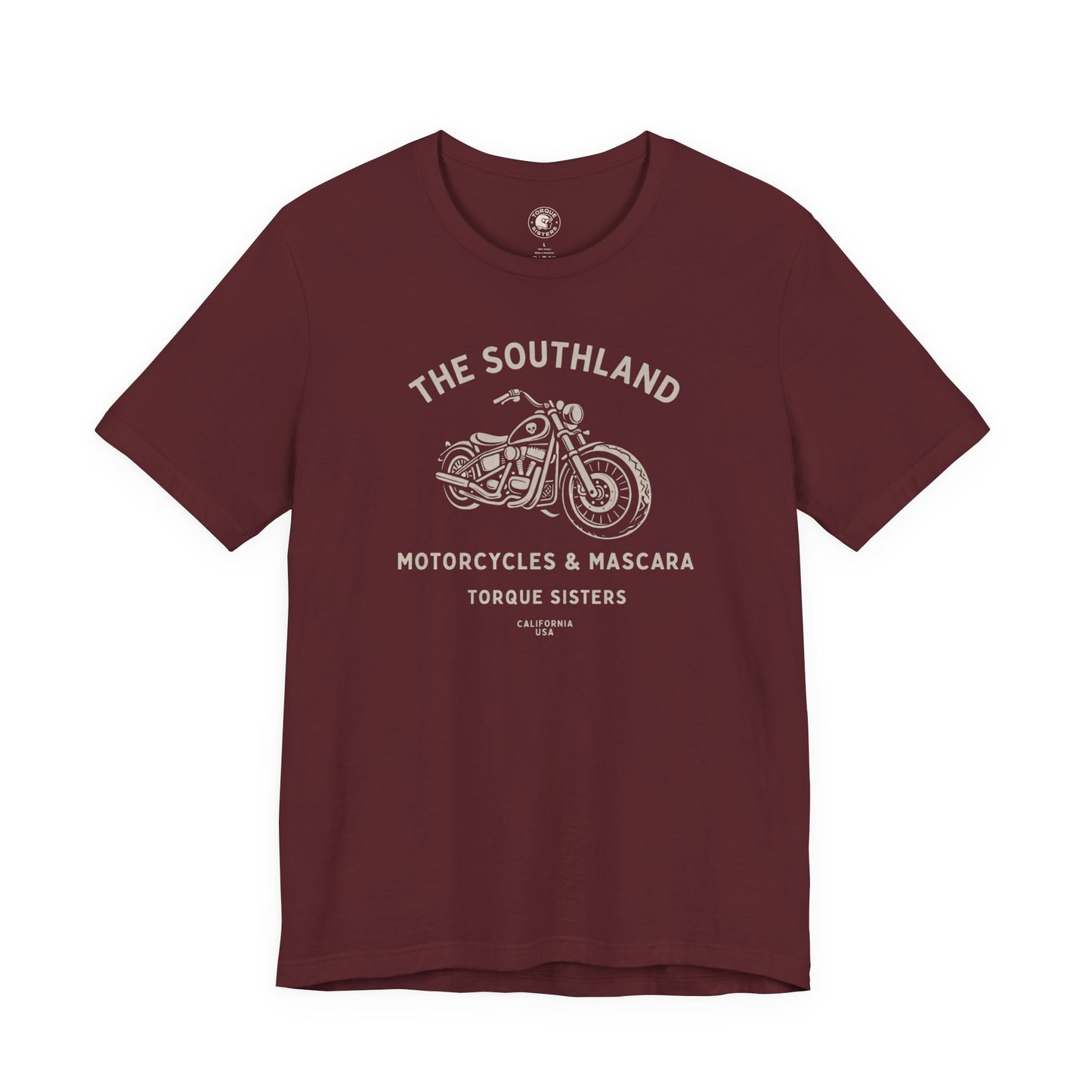 Maroon t-shirt with motorcycle graphic and text on a white background