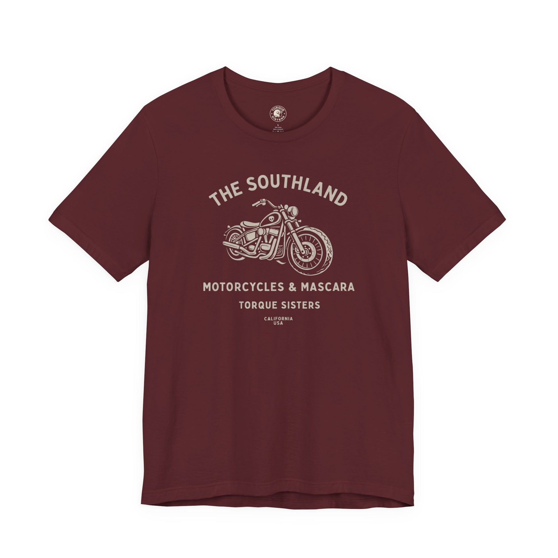Maroon t-shirt with motorcycle graphic and text on a white background