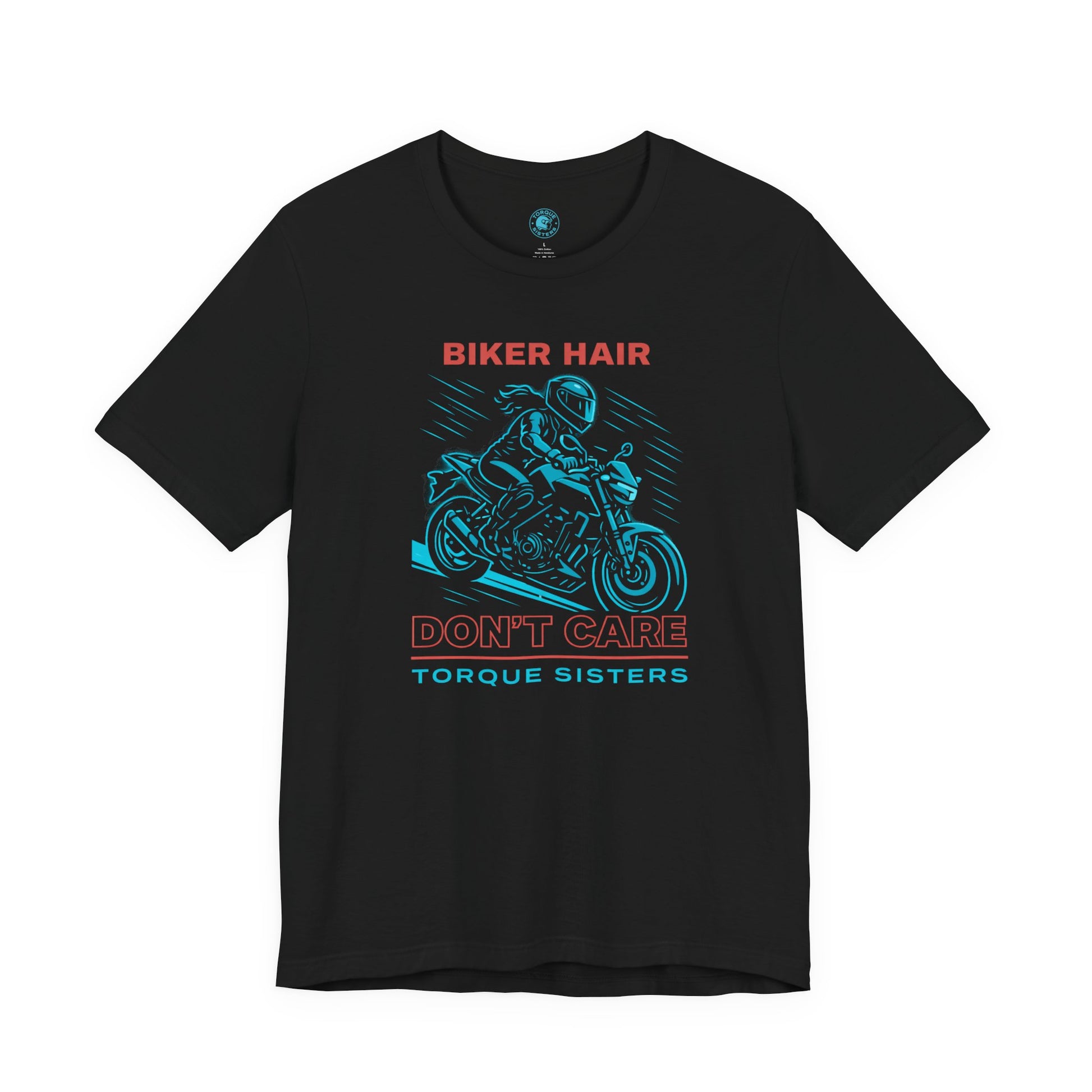 Black t-shirt with motorcycle graphic and text on a white background