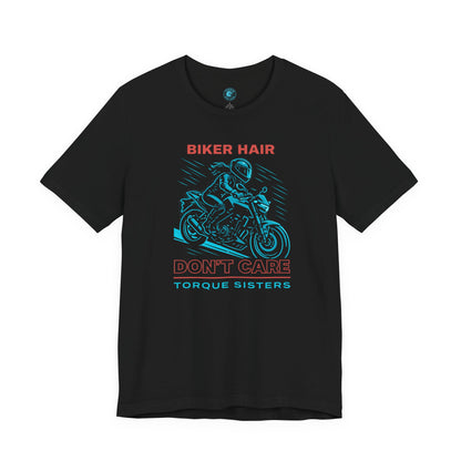 Black t-shirt with motorcycle graphic and text on a white background