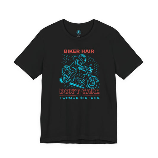 Black t-shirt with motorcycle graphic and text on a white background