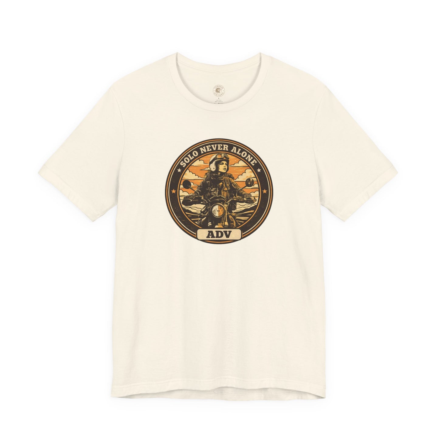 Beige t-shirt with a graphic design on a white background