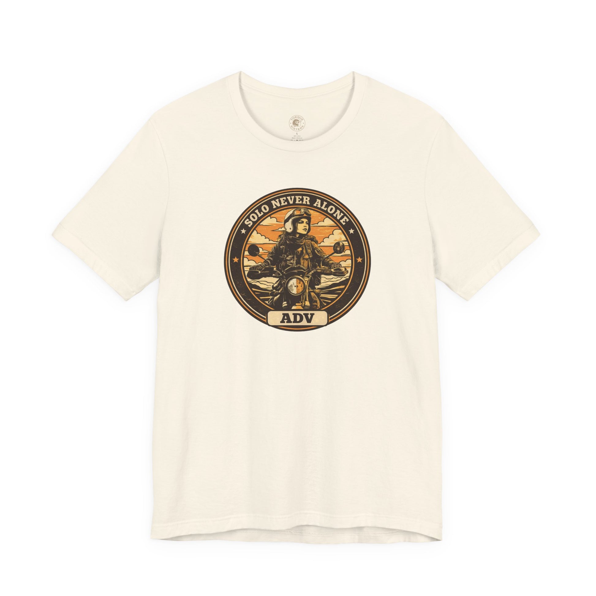 Beige t-shirt with a graphic design on a white background