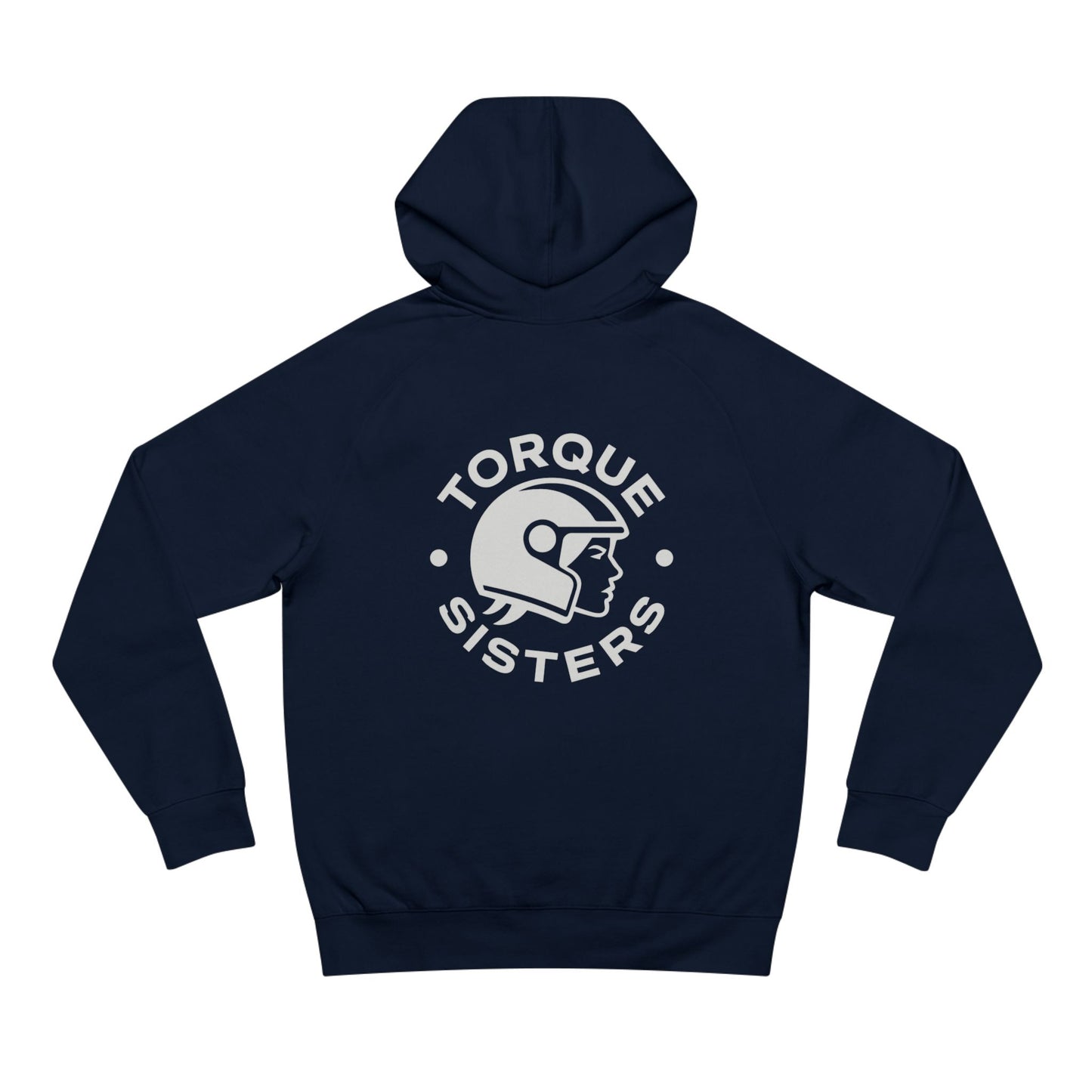 Navy blue hoodie with 'Torque Sisters' logo on the back against a white background