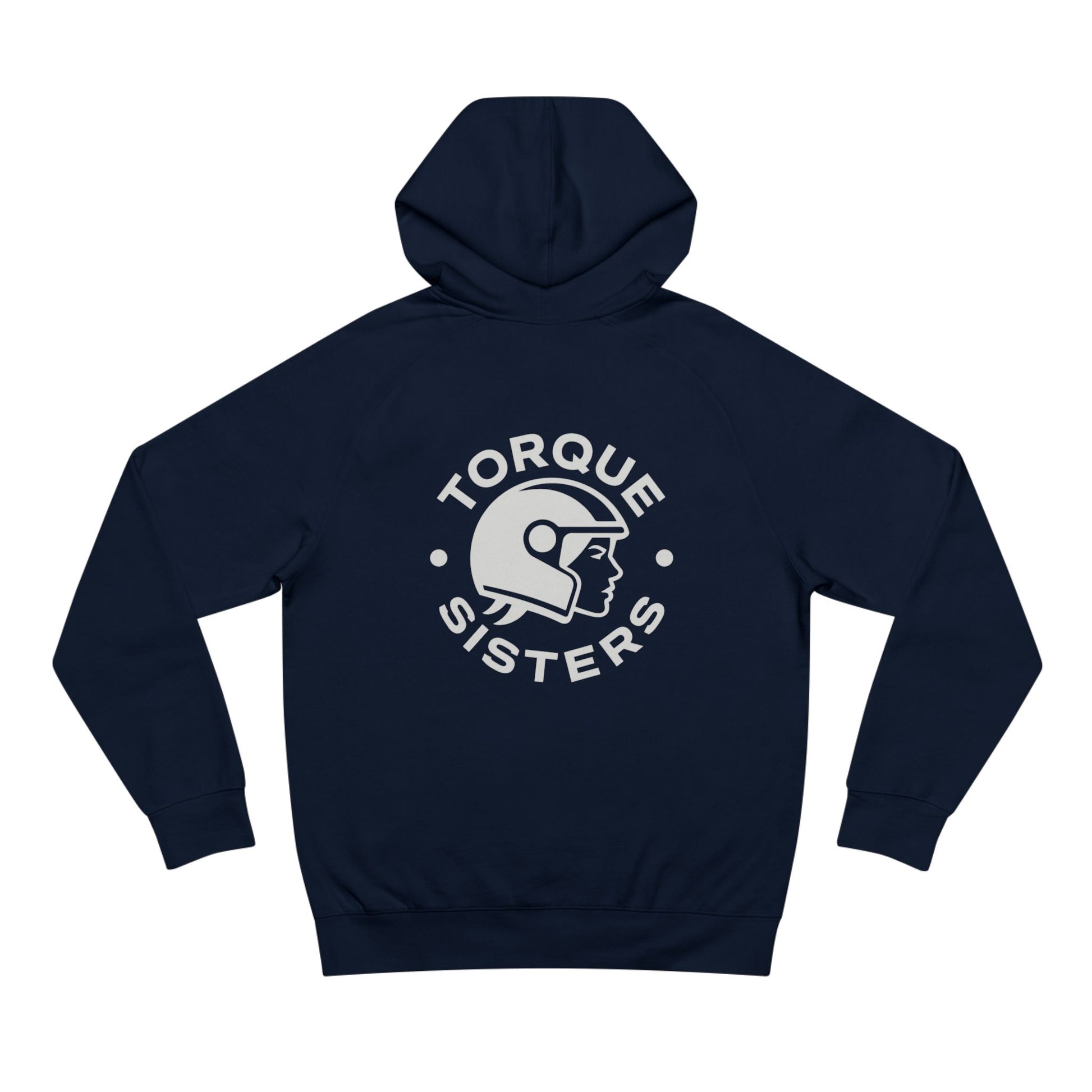 Navy blue hoodie with 'Torque Sisters' logo on the back against a white background