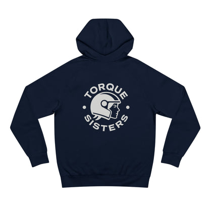 Navy blue hoodie with 'Torque Sisters' logo on the back against a white background
