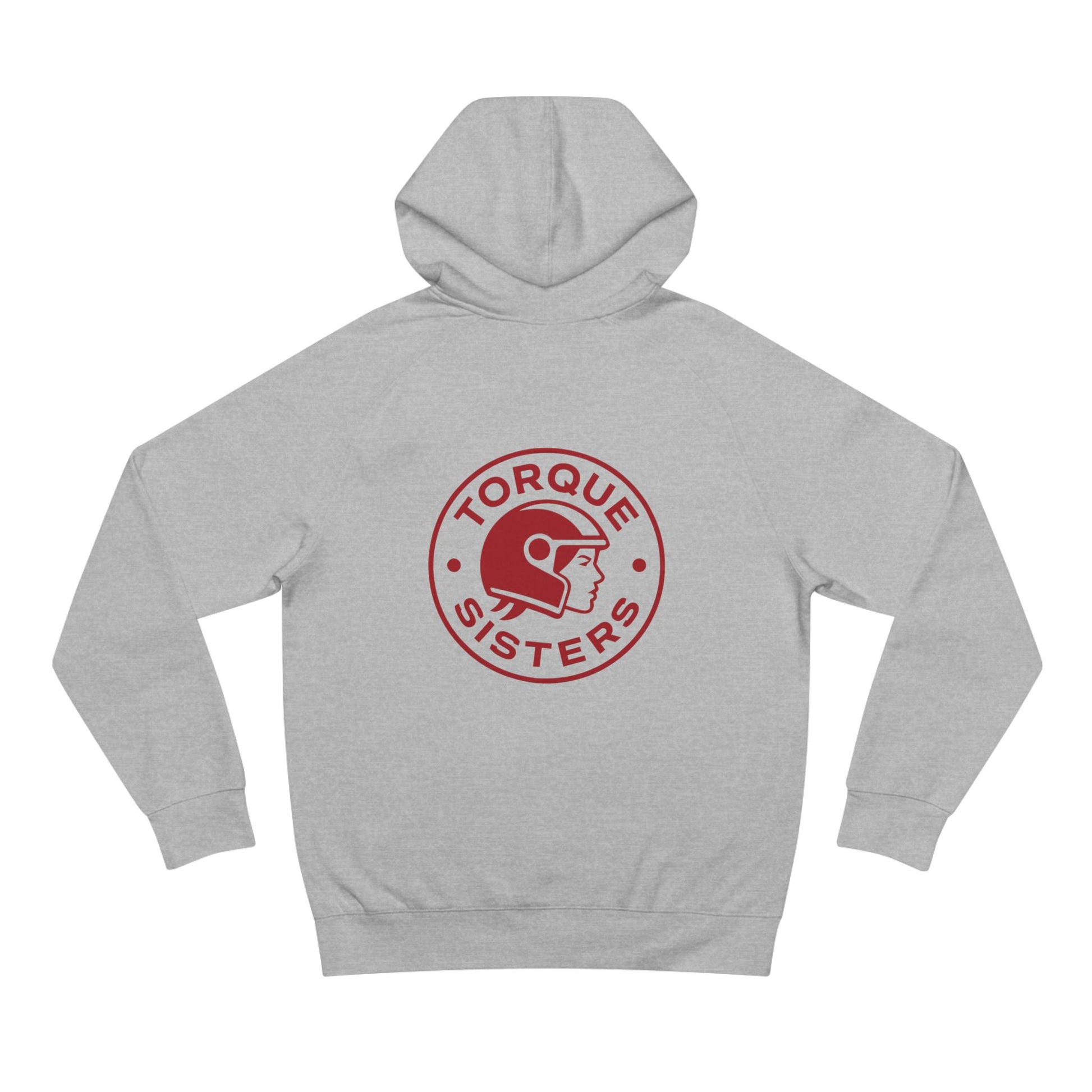 Gray hoodie with red 'Torque Sisters' logo on a white background