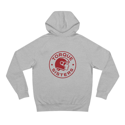 Gray hoodie with red 'Torque Sisters' logo on a white background