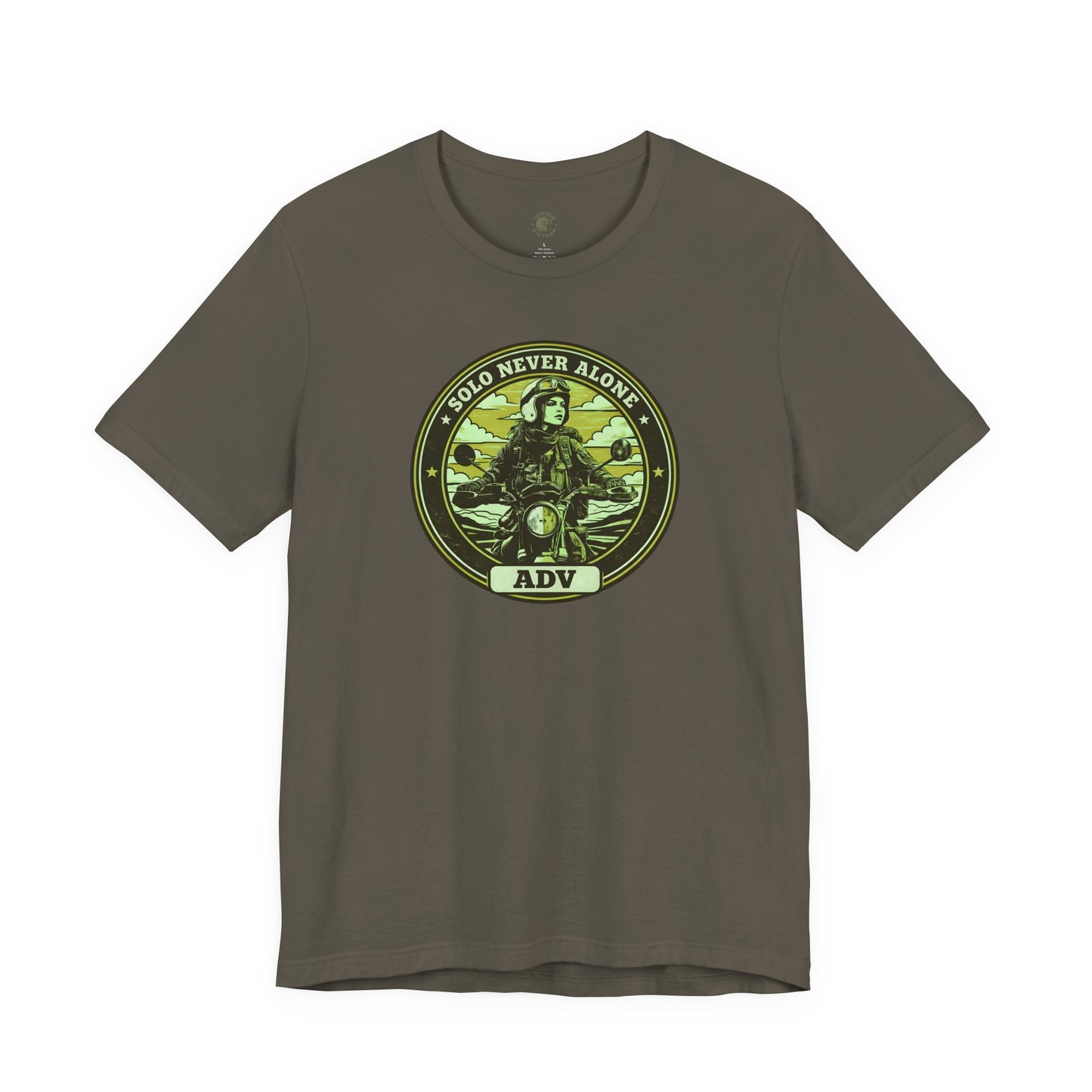 Army green t-shirt with an ADV badge graphic design on a green background