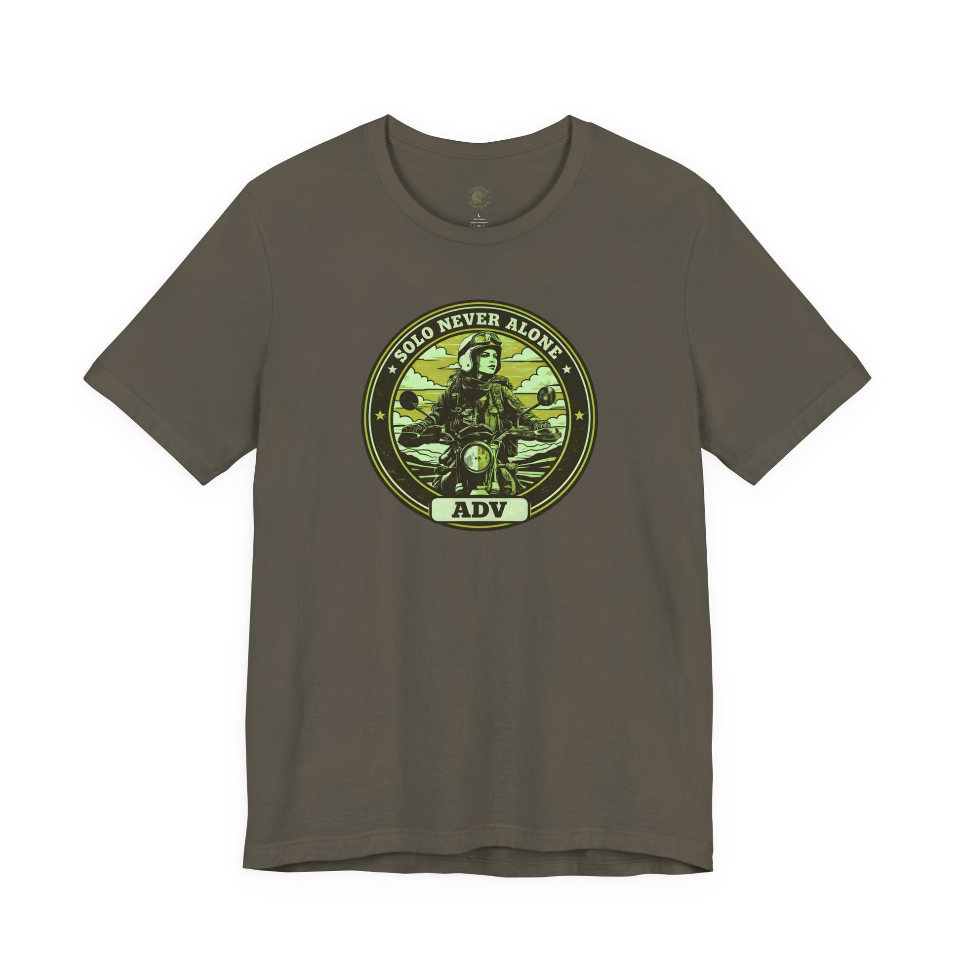 Army green t-shirt with an ADV badge graphic design on a green background