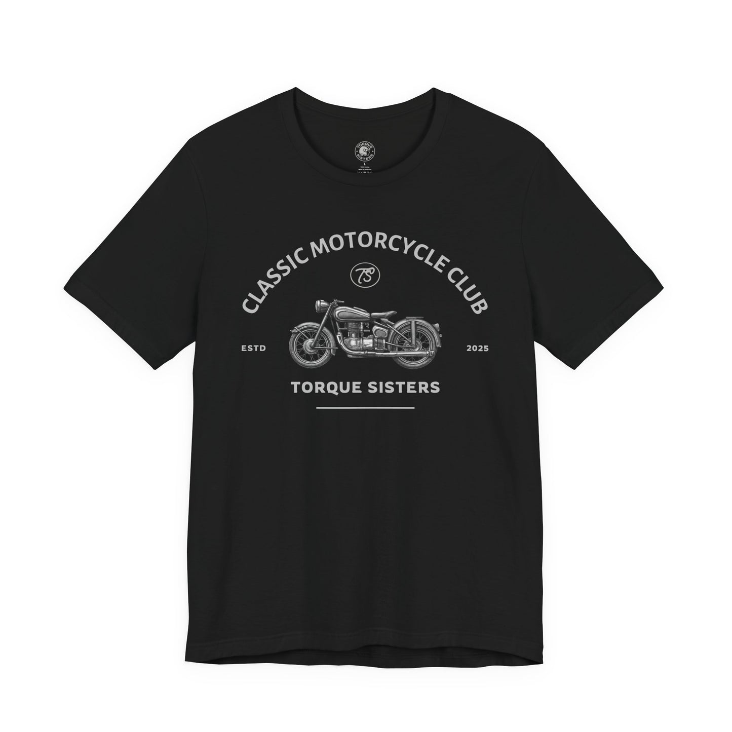 Black t-shirt with white graphic and text on a white background