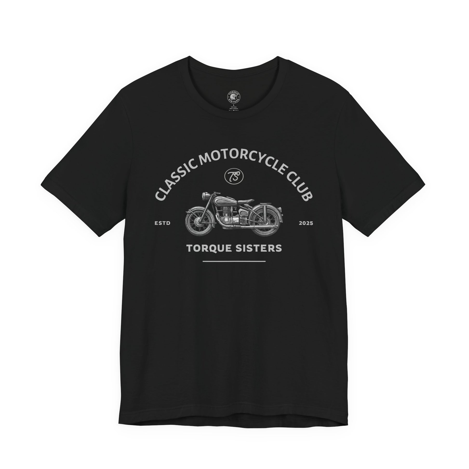 Black t-shirt with white graphic and text on a white background
