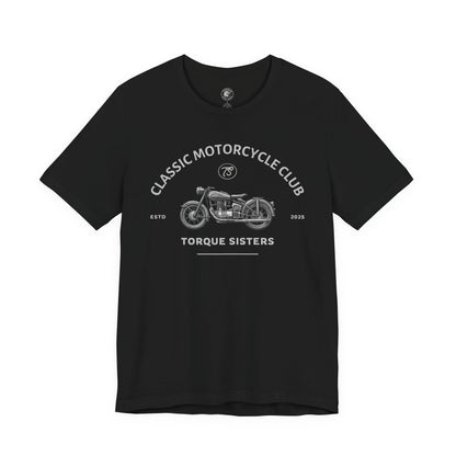 Black t-shirt with white graphic and text on a white background