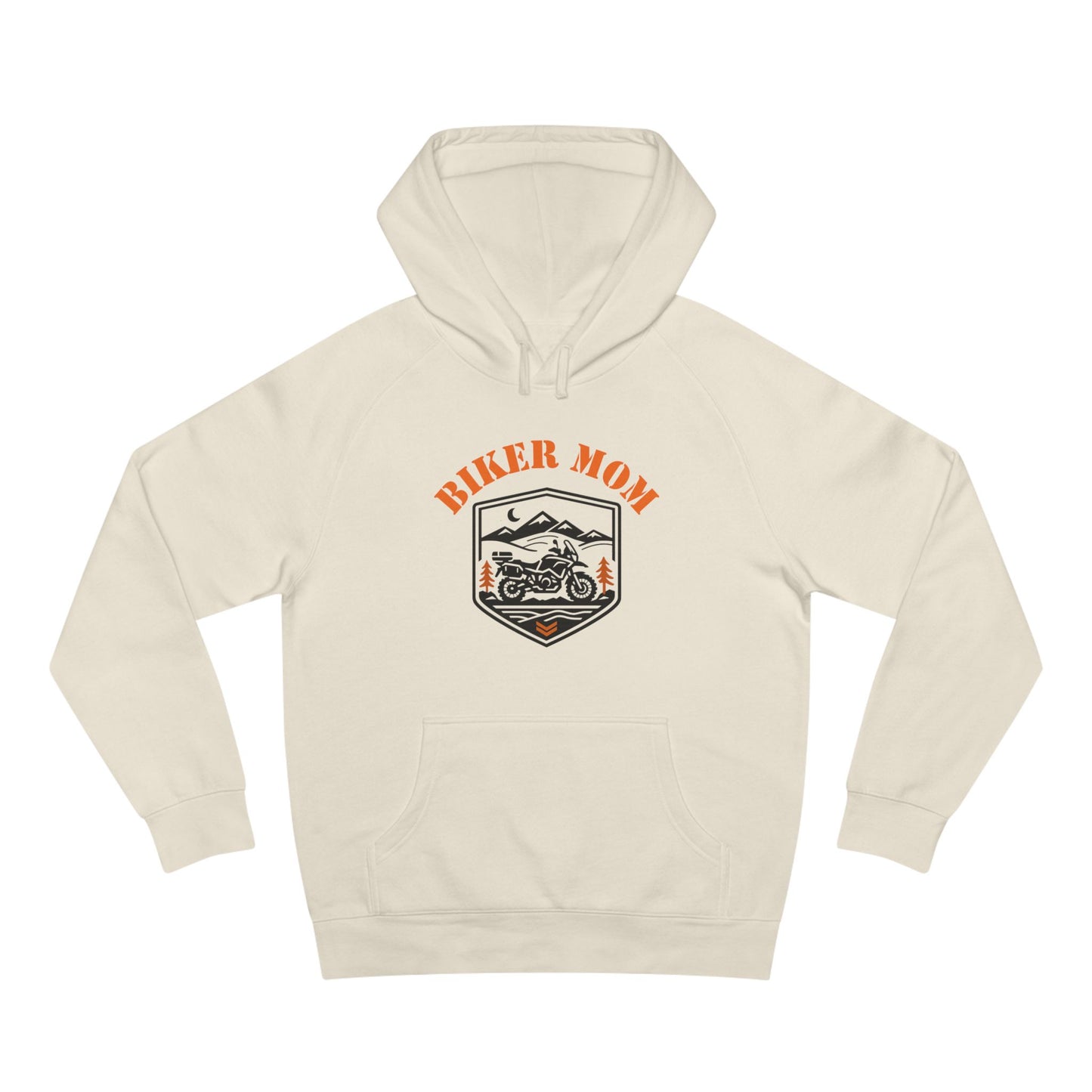 Beige hoodie with 'Biker Mom' graphic on a white background