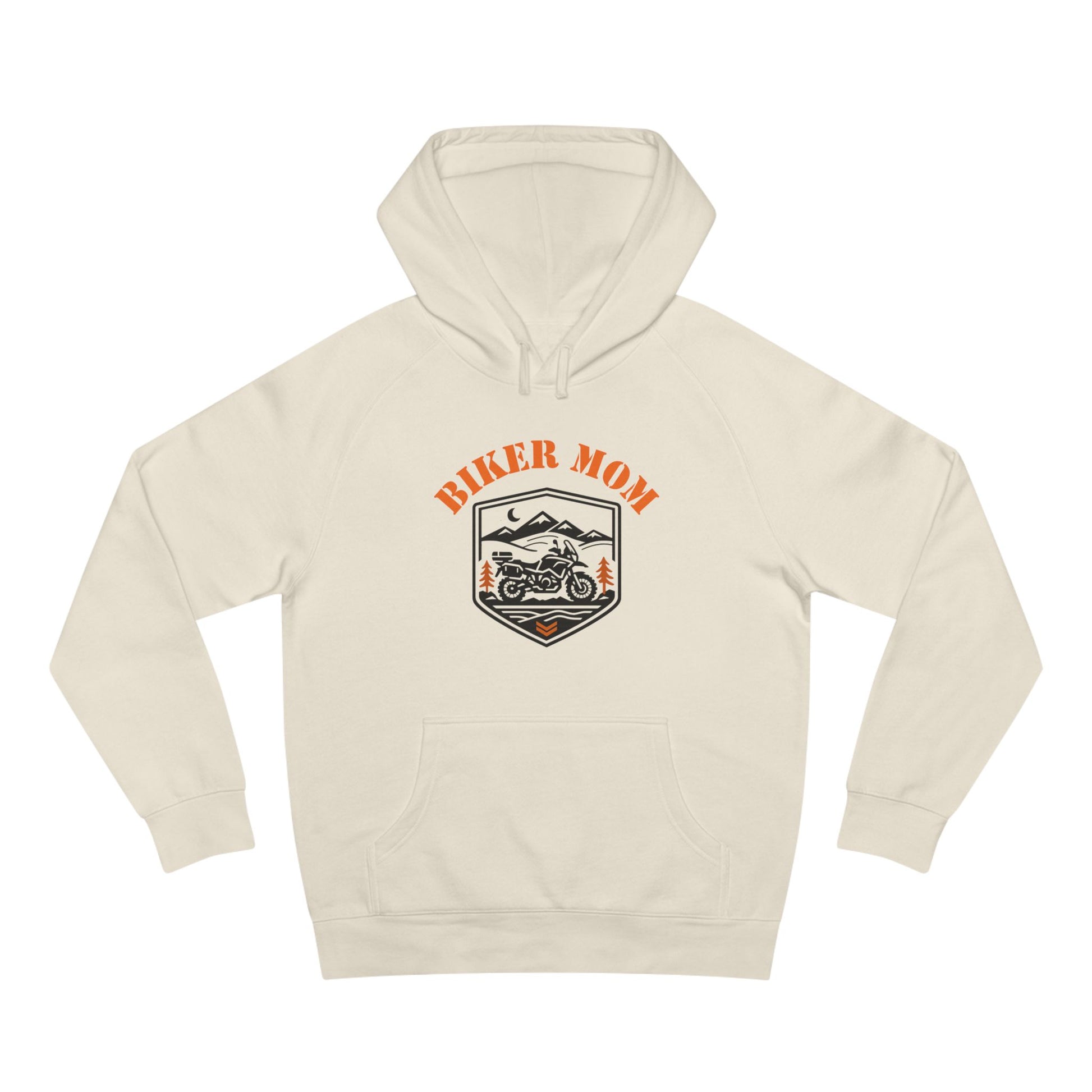 Beige hoodie with 'Biker Mom' graphic on a white background