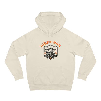 Beige hoodie with 'Biker Mom' graphic on a white background