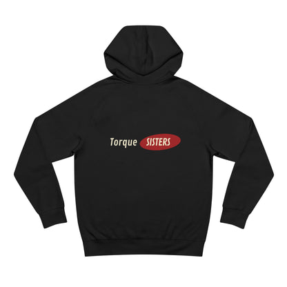 Black hoodie with 'Torque Sisters' logo on a white background
