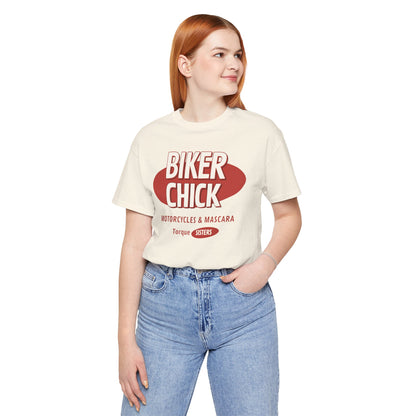 BIKER CHICK Women’s Motorcycle T-Shirt | Natural & Red