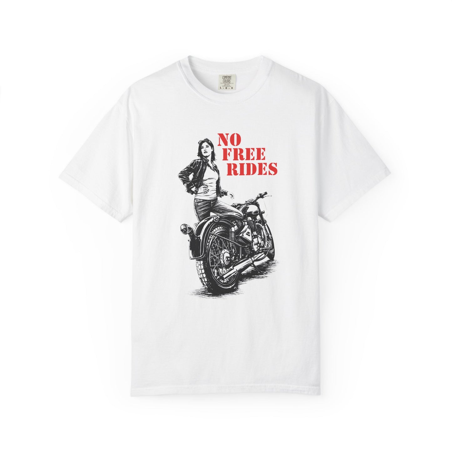 White t-shirt with graphic of a woman on a motorcycle and 'No Free Rides' text on a white background
