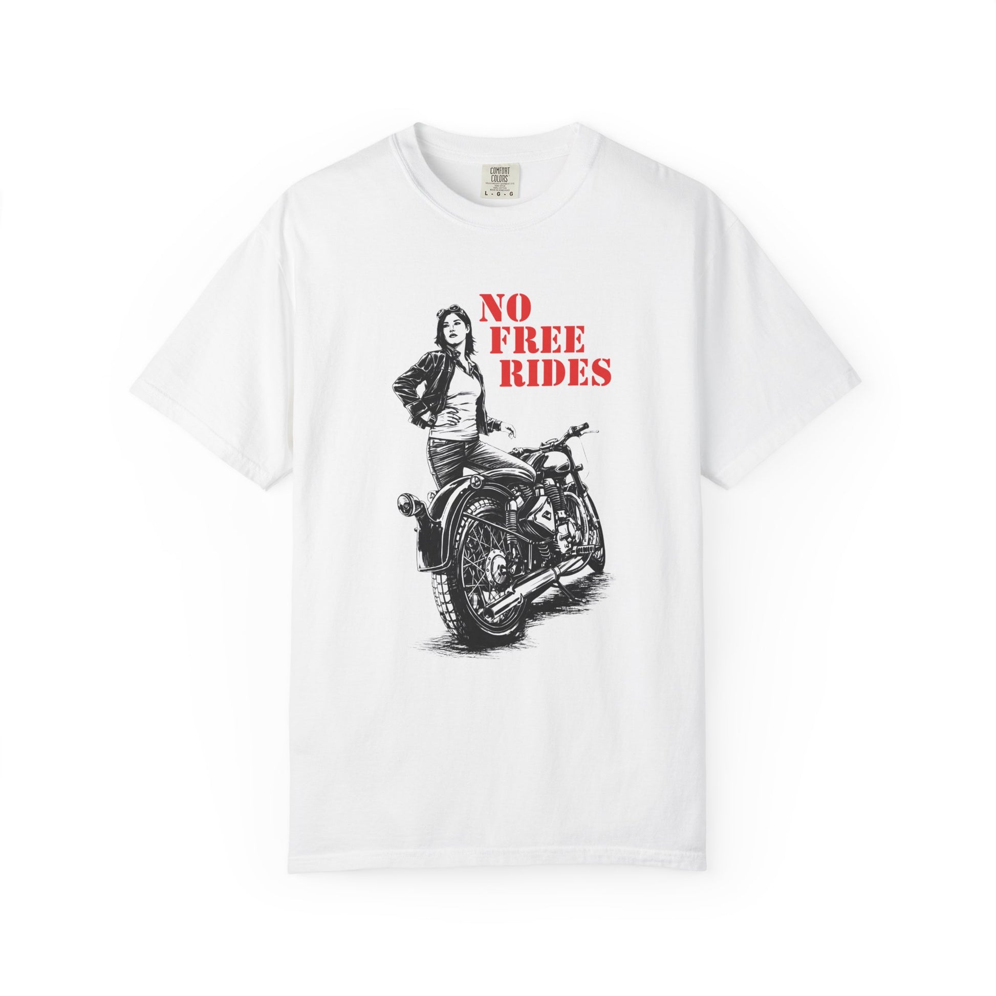 White t-shirt with graphic of a woman on a motorcycle and 'No Free Rides' text on a white background