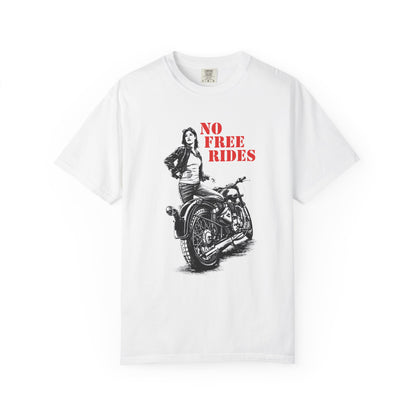 White t-shirt with graphic of a woman on a motorcycle and 'No Free Rides' text on a white background